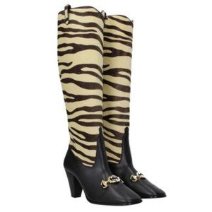 Gucci Horsebit Logo Black Zumi Tiger Print Pony Leather Knee High Boots 39.5